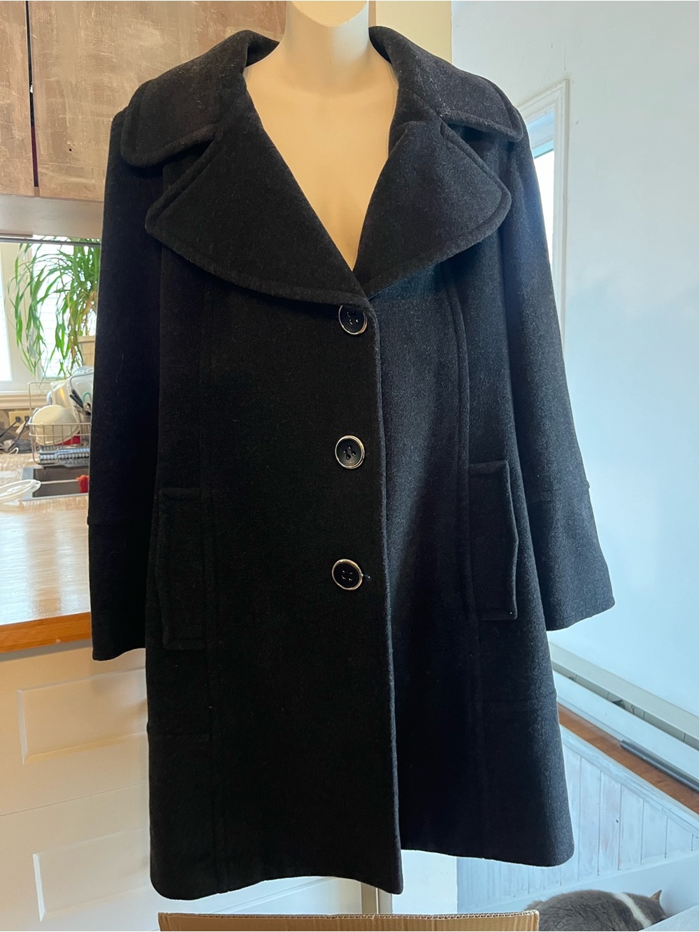 JAY Black Wool & Cashmere Long Coat Classic Oversized Collar